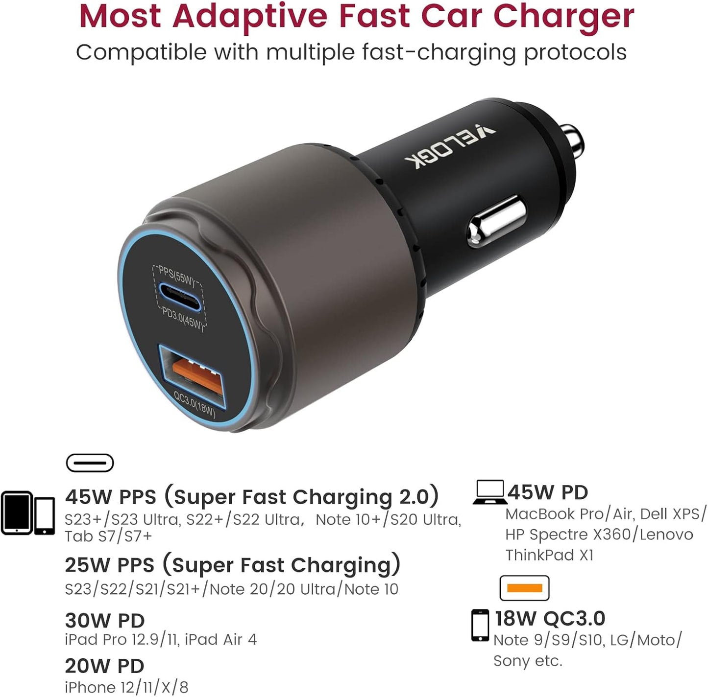 VELOGK Super Fast Type C Car Charger [73W Turbo], Fast Adaptive 55W 45W PPS/PD&QC3.0 USB C Car Adapter[Super Fast Charging 2.0] for Samsung S25 Ultra/S24 Ultra/S23 Ultra/S22+/S21/S20,iPad Pro,MacBook