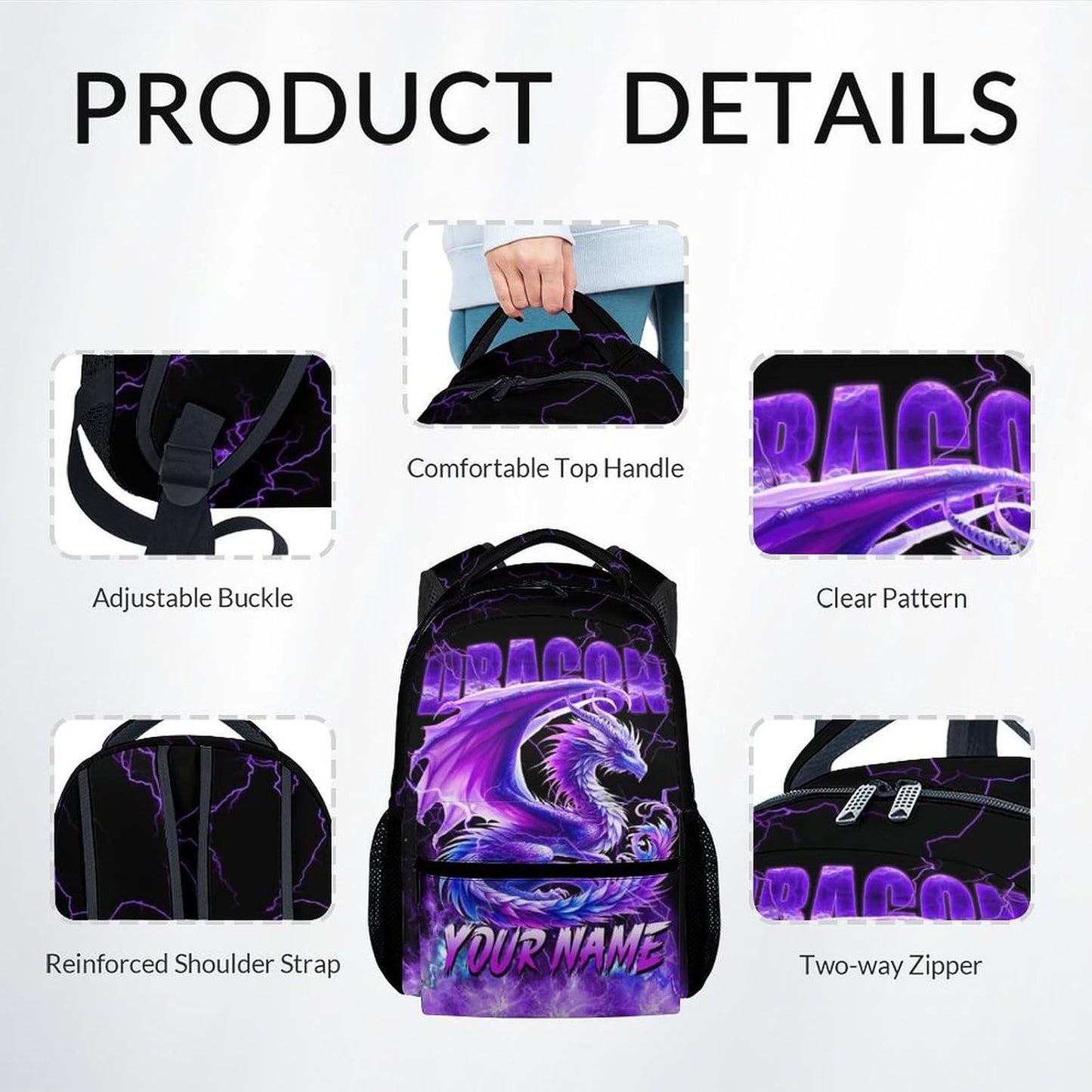 Personalized Kids Backpack with Lunch Box, Dragon Backpack for Girls Boys, 17 Inch Custom School Bag Set for Primary, Large Capacity School Supplies