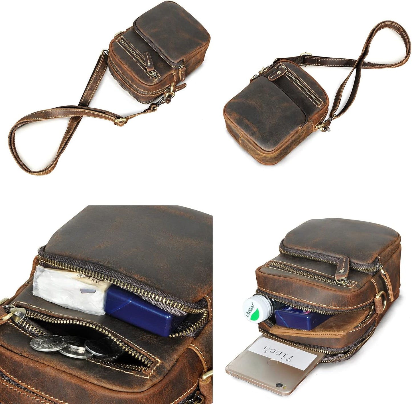 Versatile Cowhide Small Messenger Bag for Men - Convertible Shoulder Satchel & Waist Fanny Pack with Phone Pouch