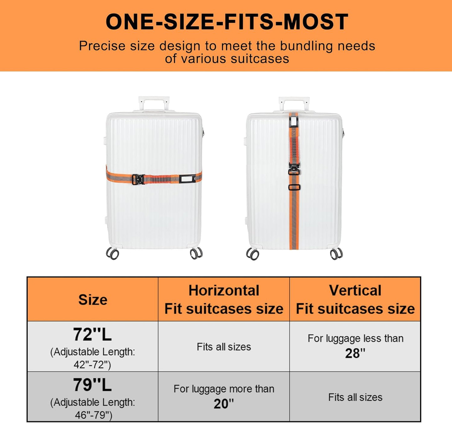 Vigorport Luggage Straps for Suitcases 2 Pack, Heavy Duty Metal Buckle Luggage Belt Strap, TSA Approved Suitcase Belt, Stretchable Travel Strap for Luggage (Orange, 72''L & 79''L)