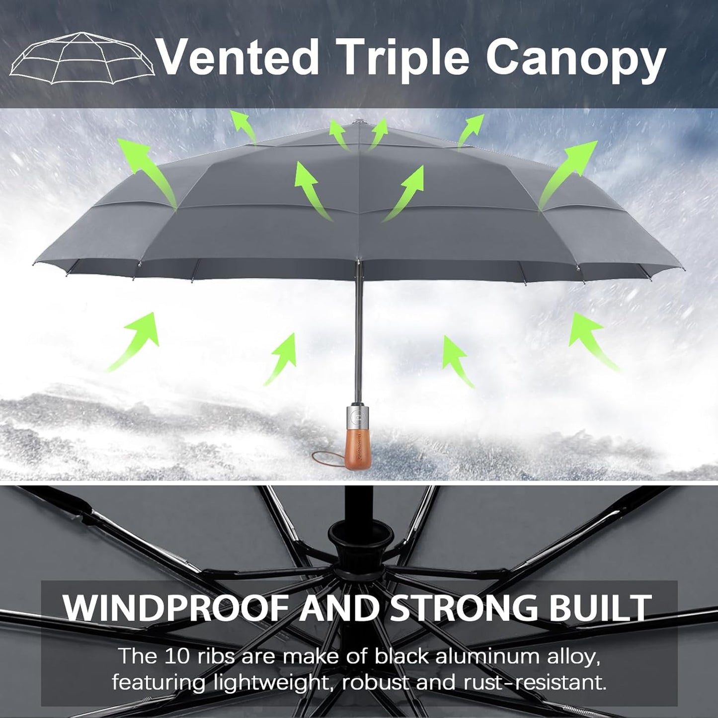 Umbrellas for Rain, Heavy-Duty Windproof Travel Umbrella — Auto Open/Close, Vented Triple-Layer Canopy, 10 Fiberglass Ribs, Folding Design, Large Coverage, Wooden Handle