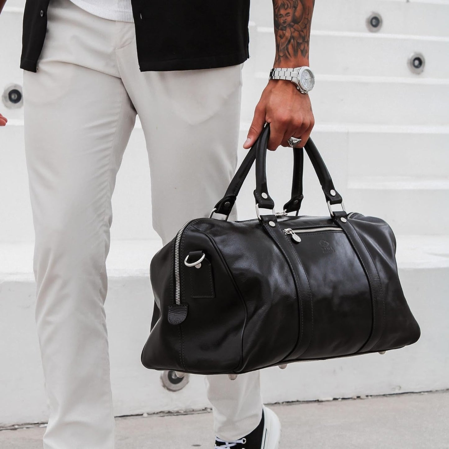Full Grain Leather Small Duffel Bag Gym Bag Weekender Overnight Unisex Brown - Time Resistance
