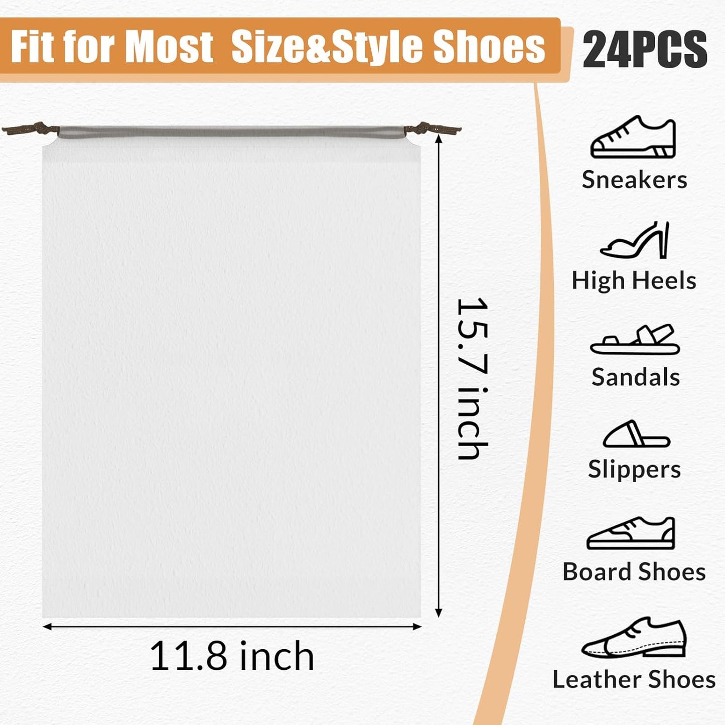 24pcs Clear Shoe Bags for Travel, 15.7" x 11.8" Waterproof Dust Bags with Drawstring, Portable Storage for Men and Women