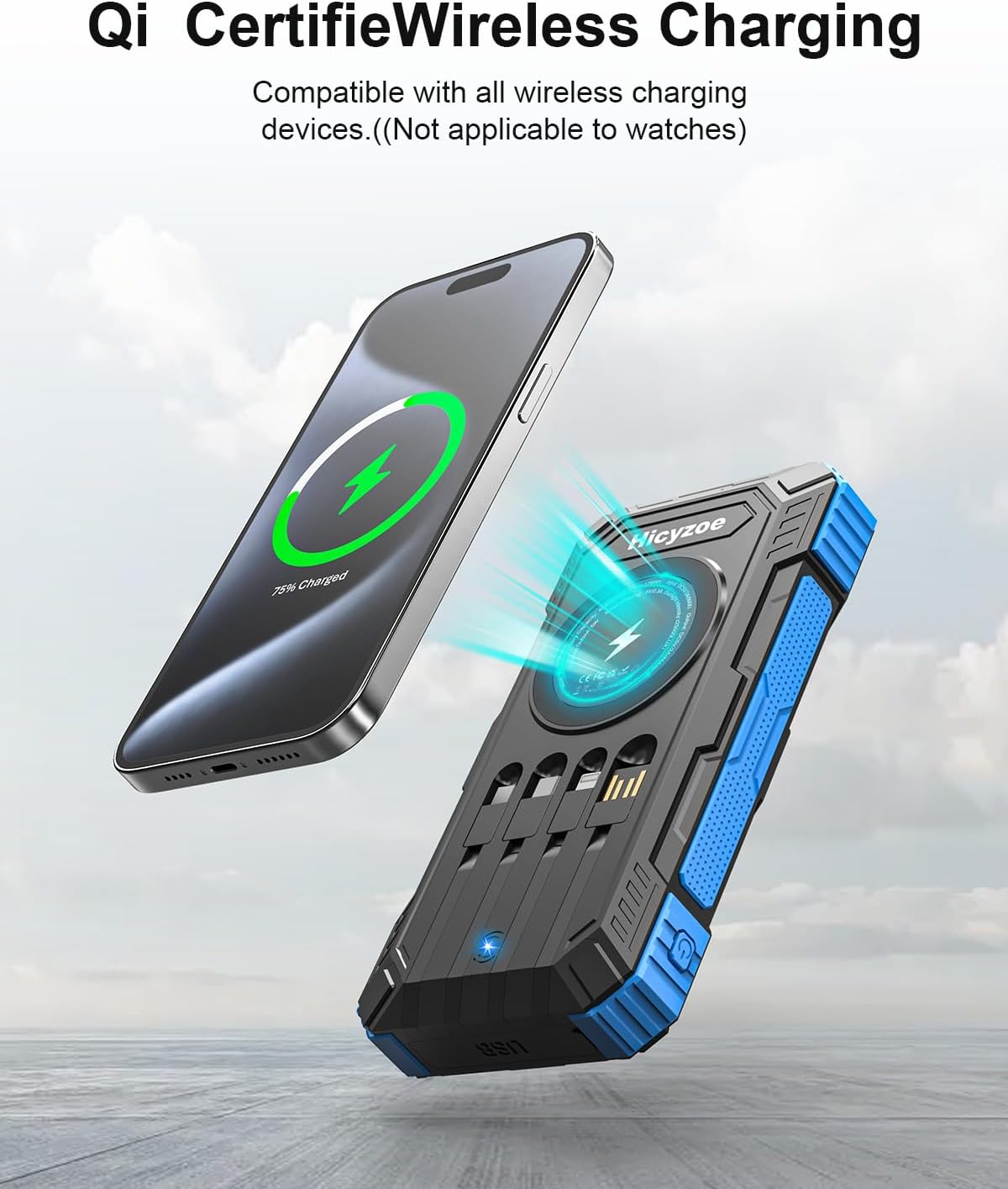 Solar Charger Power Bank, 49800mAh Wireless Portable Phone Charger, 15W QC3.0 Fast Charging External Battery Pack with 4 Built-in Cables, USB-C in/Output, with Dual Flashlights for Outdoor (Blue)