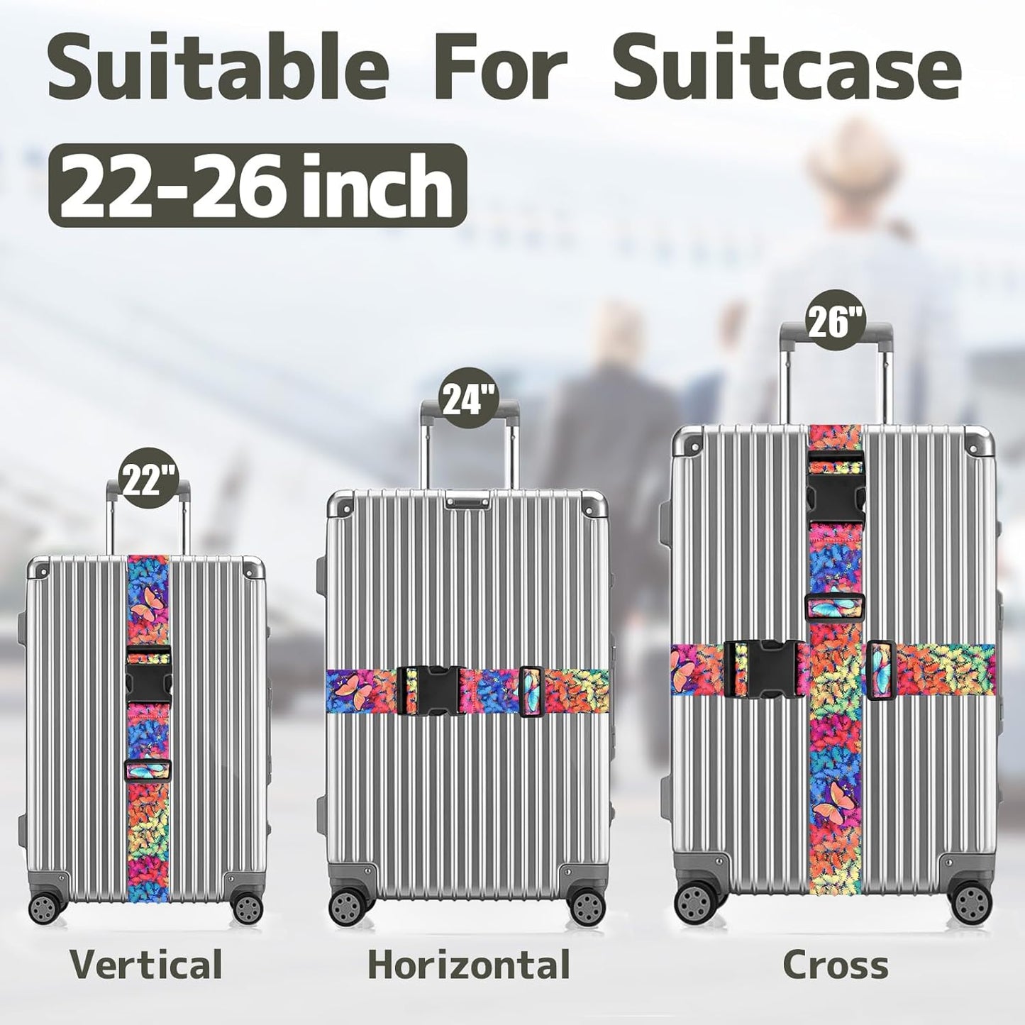 BILIONE Vibrant Flowers-Pattern Luggage Straps for Suitcases, Travel Belt Accessories Luggage Identifiers Adjustable Nylon Suitcase Belts for Travel 2 Pack (Butterfly)