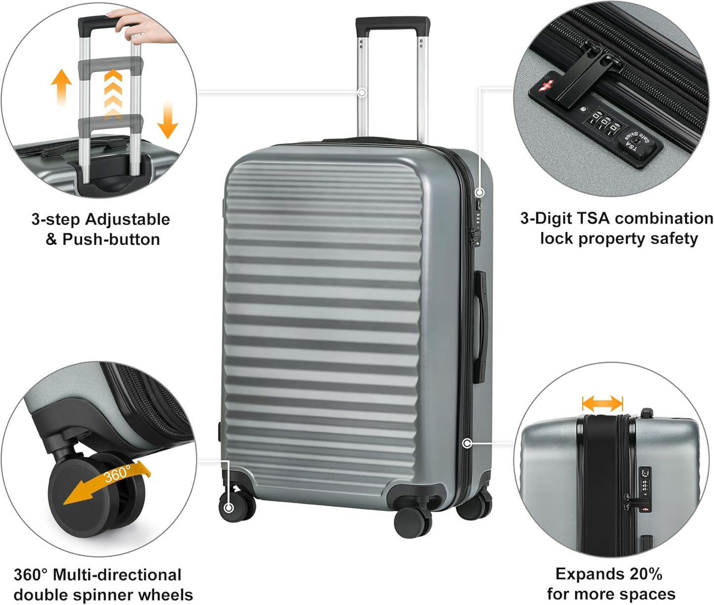 Itslife Luggage Sets 4 Piece Luggage Suitcases with Wheels, ABS shell with TSA Lock Spinner Wheels Carry On Luggage Set (20/24/28 inch,Grey