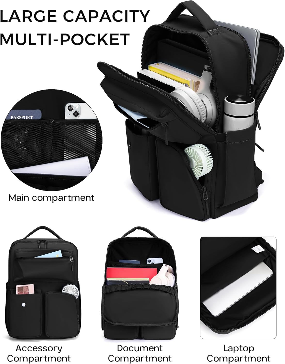 FODOKO Backpack for Work, Casual Backpack for Women Men Daypack Backpack for Travel College Bookbag Separate Compartment for 15.6 Inch Notebook Black