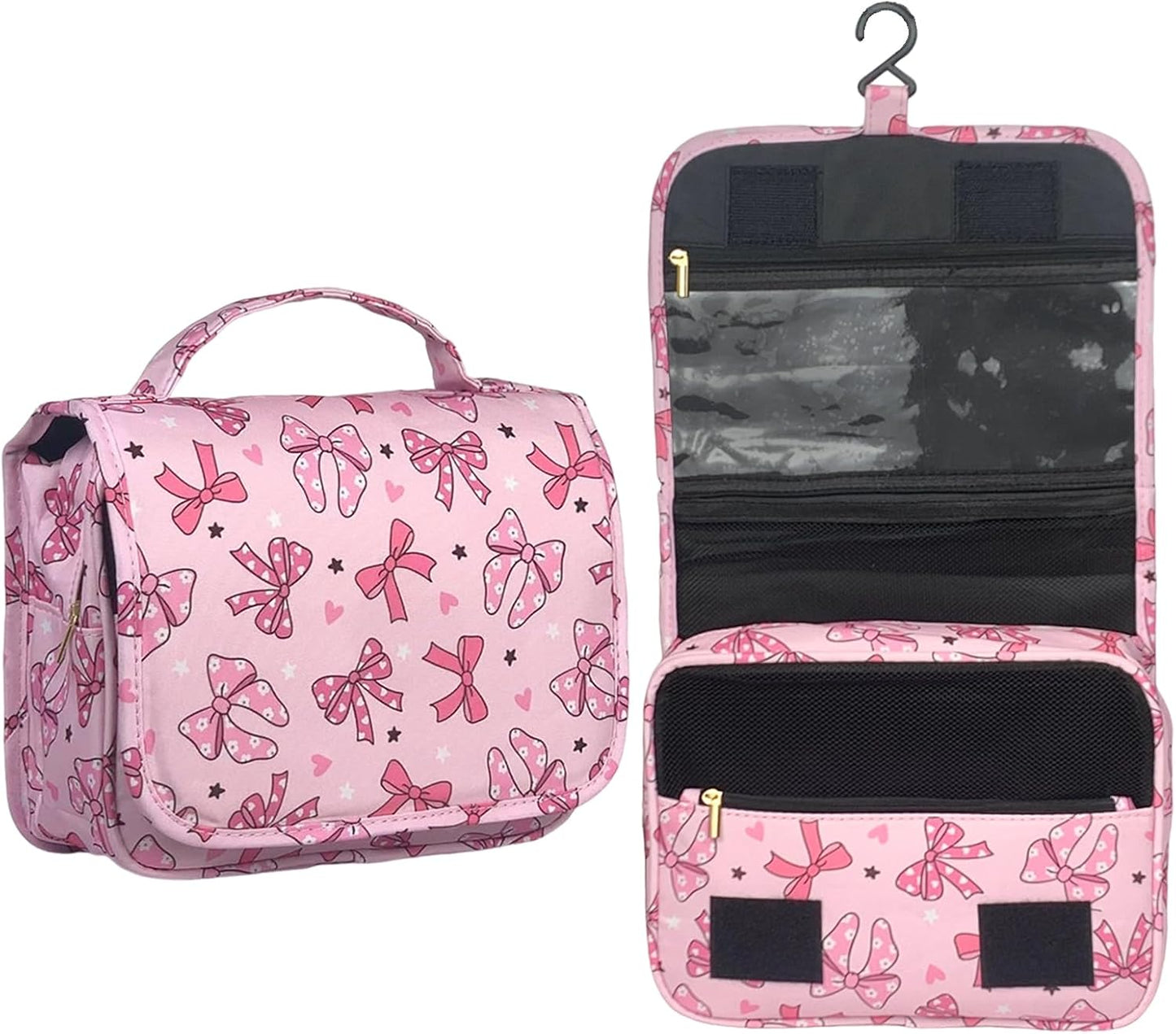 Crazy Bison Pink Bows Hanging Travel Toiletry Bag Kit Makeup Bag Cosmetics Organizer for Men Women (Pink Bows)