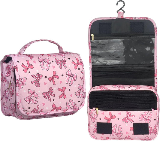 Crazy Bison Pink Bows Hanging Travel Toiletry Bag Kit Makeup Bag Cosmetics Organizer for Men Women (Pink Bows)