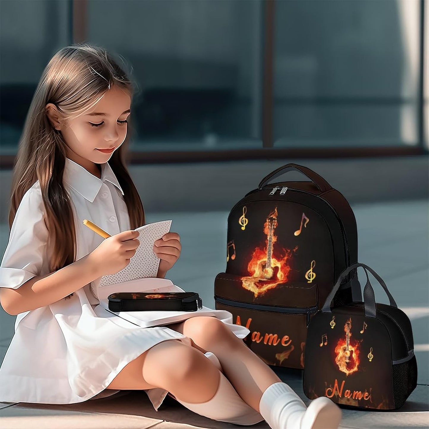 Mercuryelf Personalized Guitar Kids Backpack with Lunch Box Set, 3 in 1 School Backpacks Matching Combo, Cool Black Flame Bookbag and Pencil Case Bundle