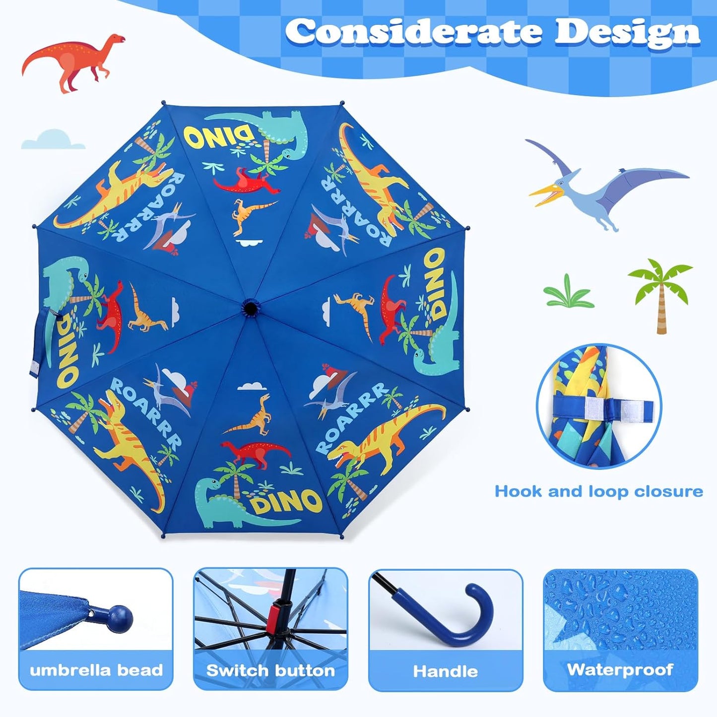 Kids Umbrella, Safety Windproof Umbrella with Easy-Grip Hook Handle for Toddler Girls and Boys