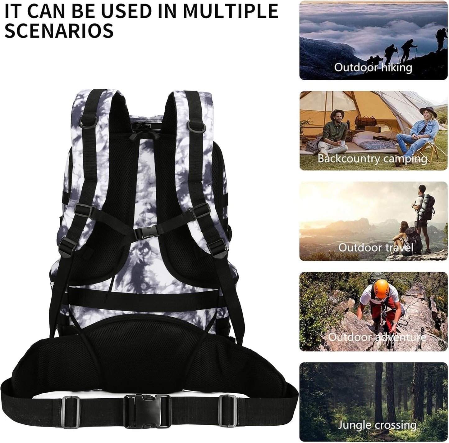 50L Military Tactical Backpack 3 Day Assault Pack Molle Daypack Hiking Backpack for Men and Women (Black white Tie-Dye)