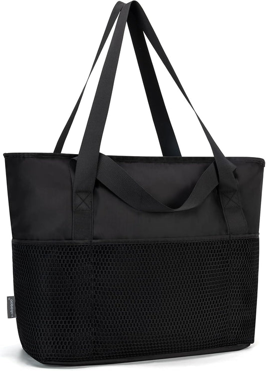 KABAQOO Large Beach Bag Waterproof Sandproof Tote Bag for Women with Zipper & Mesh Pockets for Pool Swim Travel Everyday