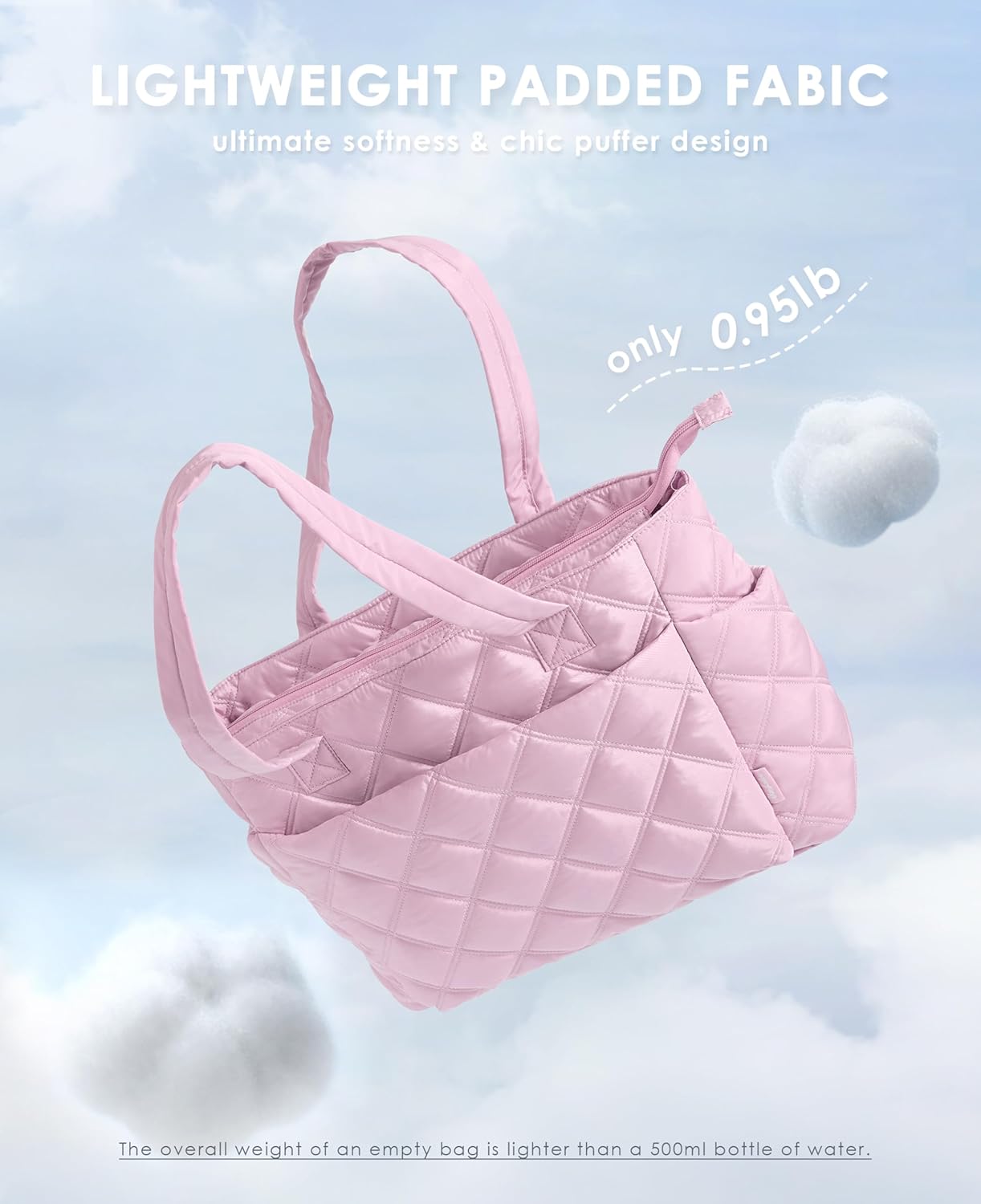 Tote Bag for Women, Lightweight Puffer Tote Work Bags with Compartments for Travel, Quilted Shoulder Bag with Zipper
