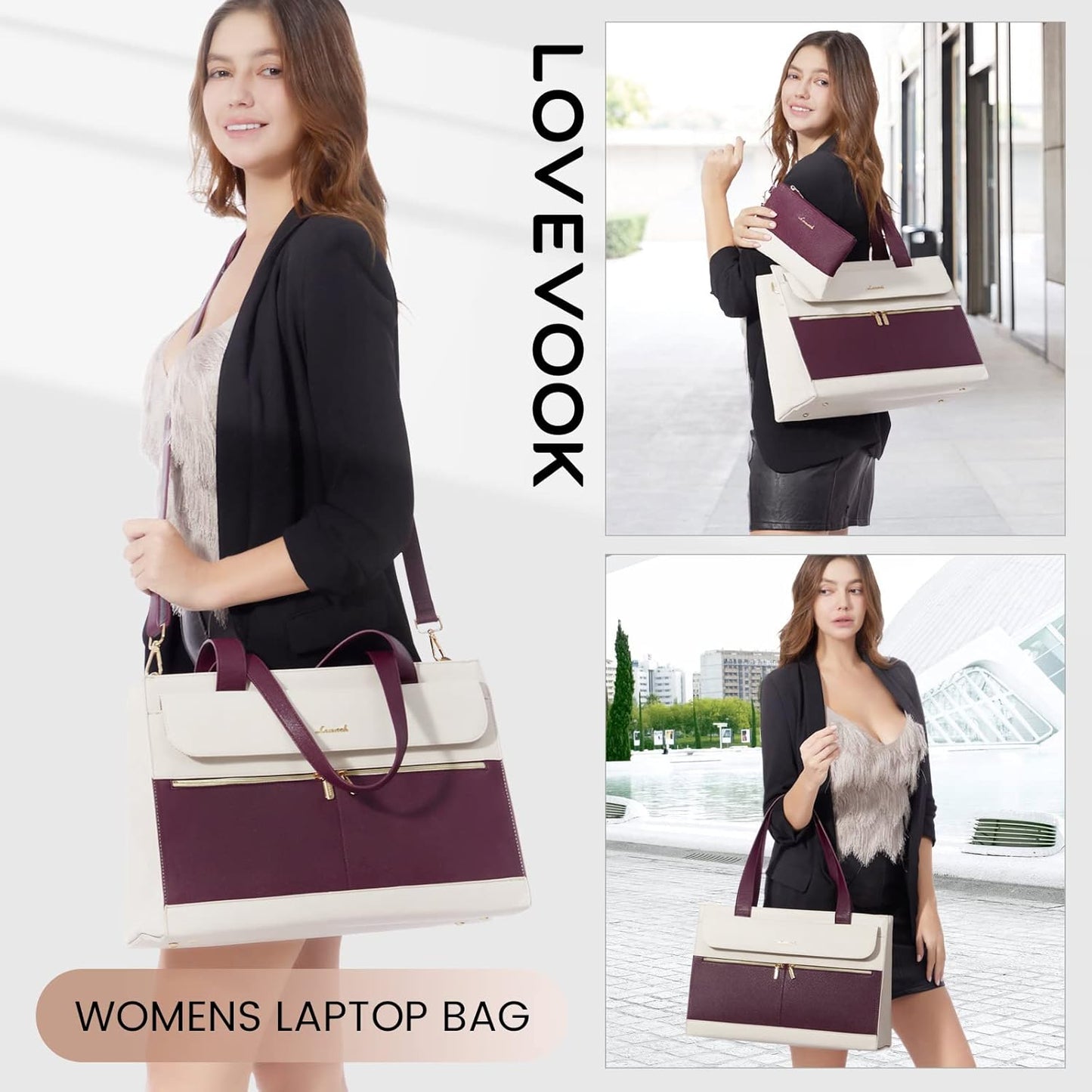 LOVEVOOK Laptop Bag Women 15.6 Inch Laptop Tote Professional Leather Computer Briefcase Waterproof