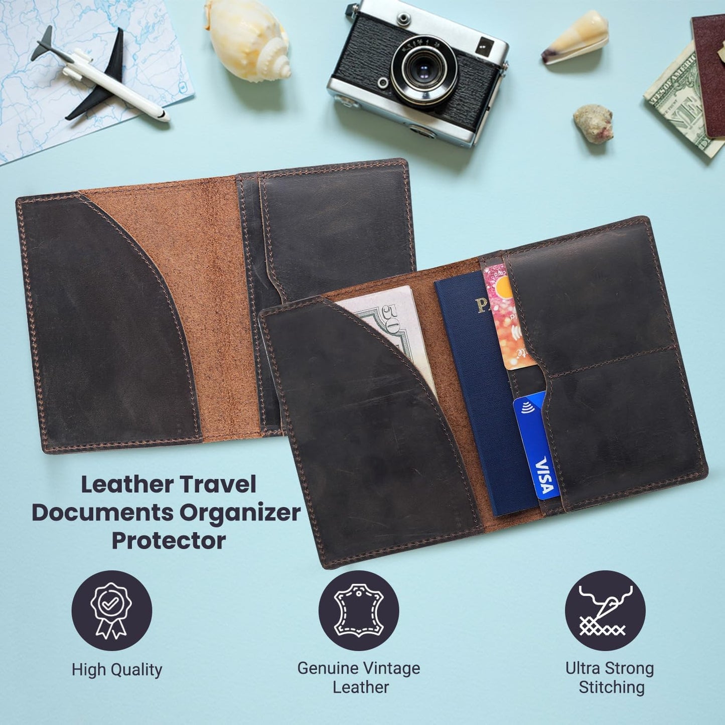 Leather Passport Holder with Travel Wallet, Genuine Leather Passport Cover- Passport Wallet