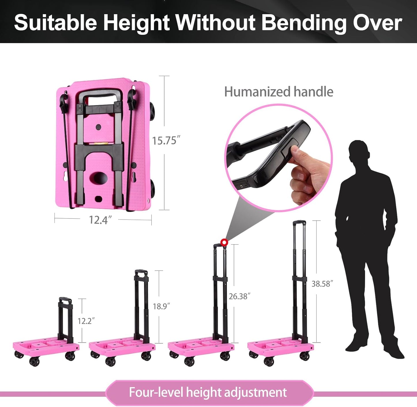 Folding Hand Truck Lightweight Hand Truck Dolly Foldable,Luggage cart with 4 Rotate Wheels, Utility Cart with Adjustable Handle,Collapsible Dolly for Moving -Pink