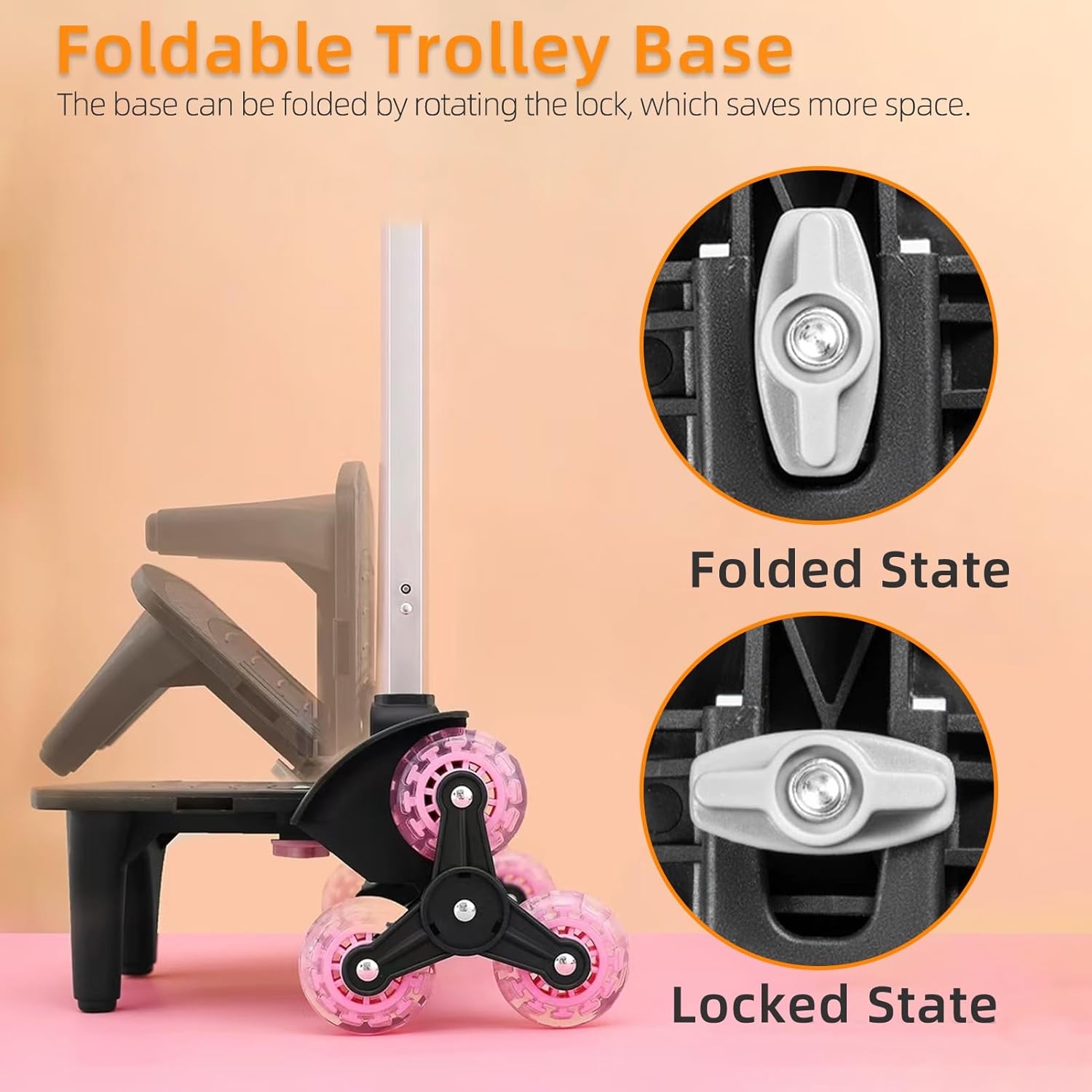 Lightweight Foldable Backpack Trolley – Black 3-Wheel Rolling Hand Truck with Strap, Portable