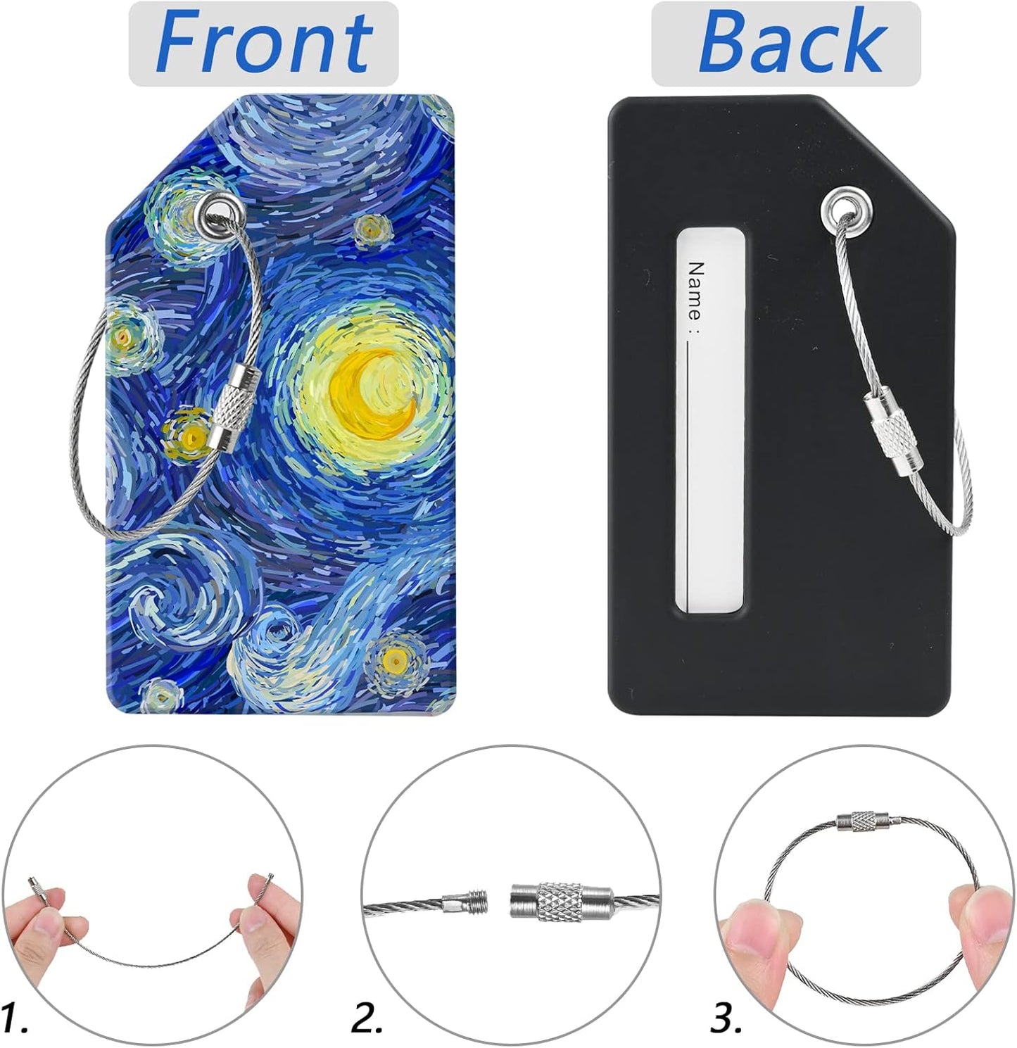 2 Luggage Tags, (1" Smaller Than Traditional) Perfect for Quick Luggage Identification with Stainless Steel Ring and Address Card for Travel and Luggage (Moon)