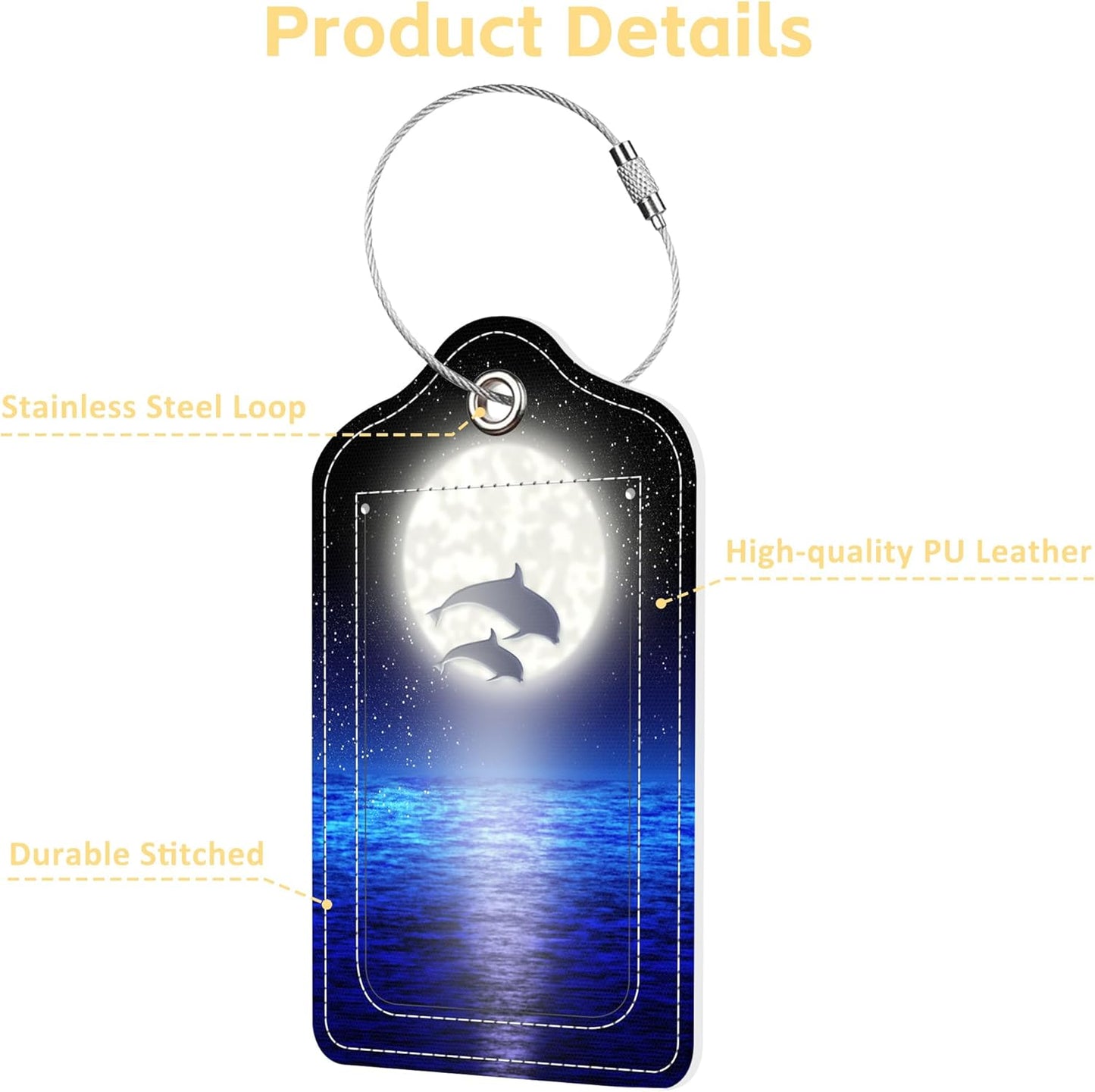 Set of 2 Luggage Tags Pair Jumping Dolphin on The Night Leather Suitcases Tag with Privacy Cover Stainless Steel Loop and Address Card for Women Men Travel