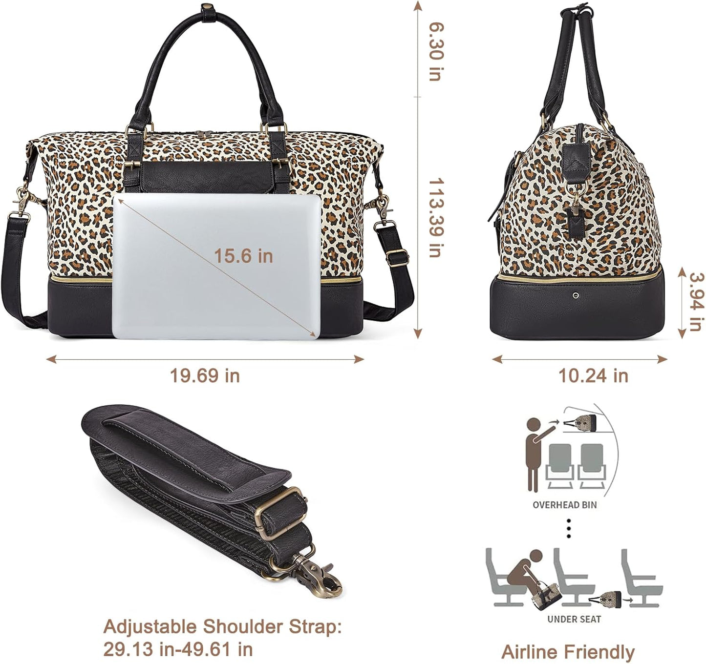 CLUCI Weekender Bag for Women Canvas Large Overnight Travel Duffel Bag with Shoe Compartment Leopard Pattern with Black