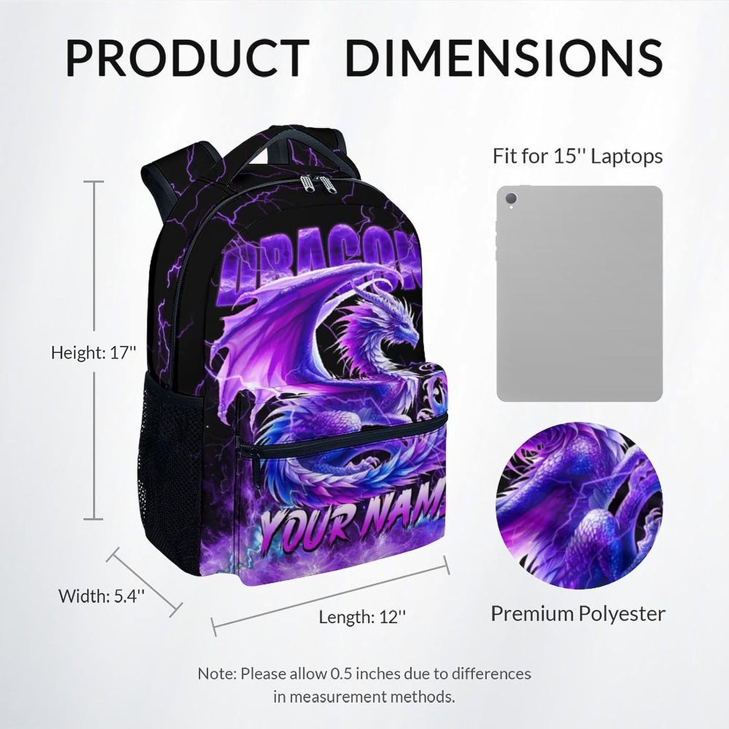 Personalized Kids Backpack, Dragon Backpack for Girls Boys, 17 Inch Lightning School Bag for Primary, Large Capacity School Supplies
