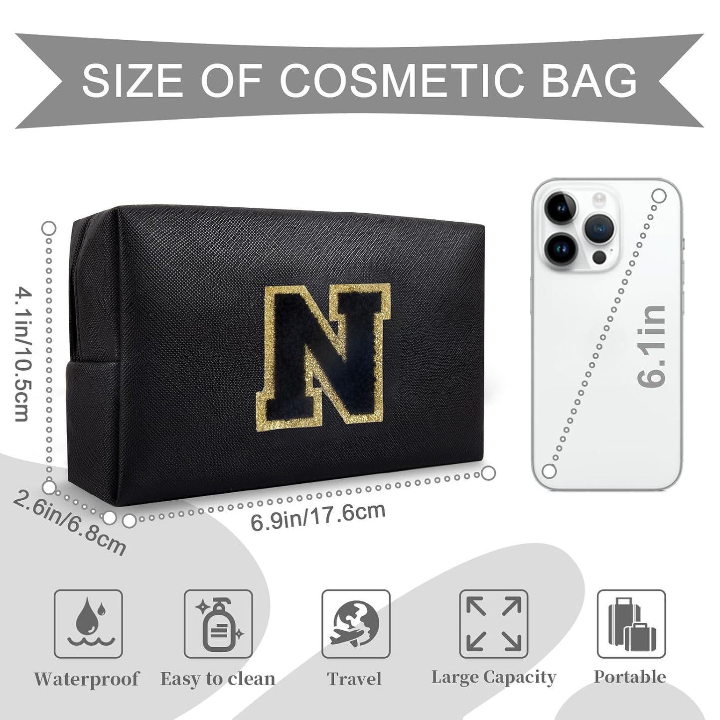Personalized Initial A-Z Preppy Patch Makeup Bag,Small PU Chenille Letter Cosmetic Bag with Zipper for Teen Girls,Black Cute Toiletry Organizer Bag,Monogram Makeup Case Gift for Women Girls,Letter N