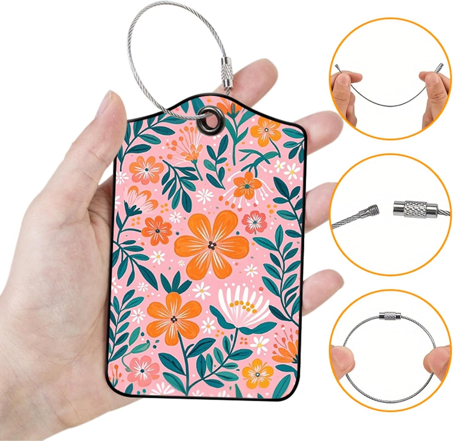 2 Pack Flowers Leather Luggage Tags for Suitcases, Travel Bag Tags with Privacy Cover ID Label with Stainless Steel Loop for Women Men Girls Backpack Gift (Pink Orange)