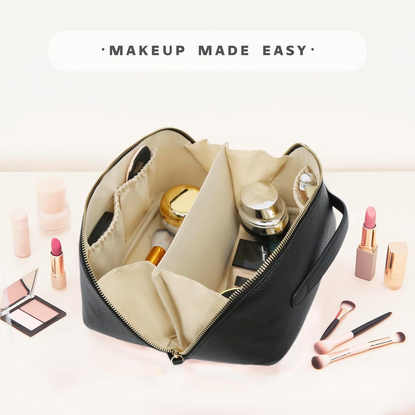 Travel Makeup Bag – Large Cosmetic Organizer with Waterproof PU Leather, Smooth Double Zipper & Tear-Resistant Lining, Toiletry Pouch for Women (Black)