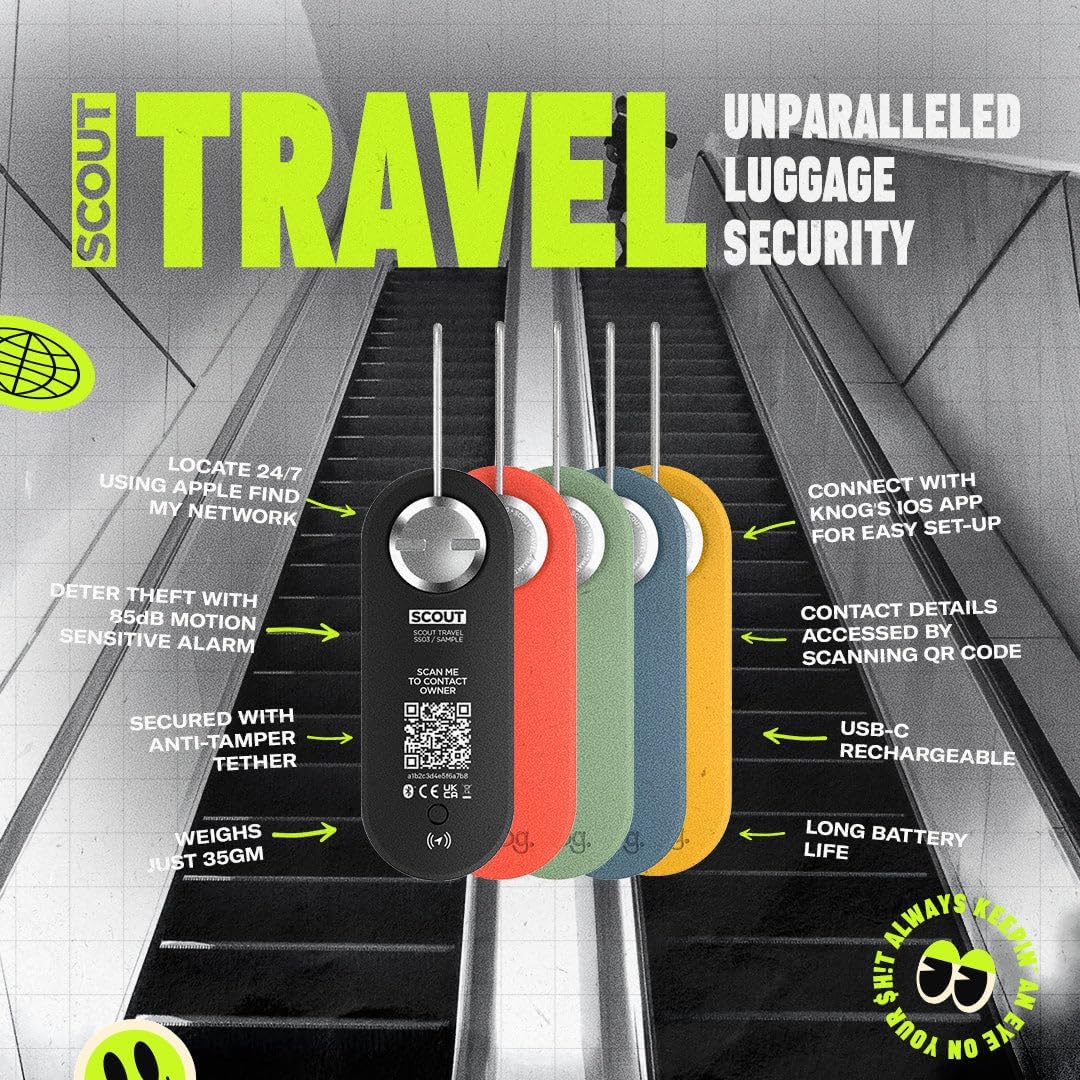 Knog Scout iOS Twin Pack Smart Tag, Tracker & 85dB Alarm – Rechargeable Luggage Tag Compatible with iOS App & Apple Find My, Digital Contact Info, Remote Chime, Water-Resistant, Black/Green
