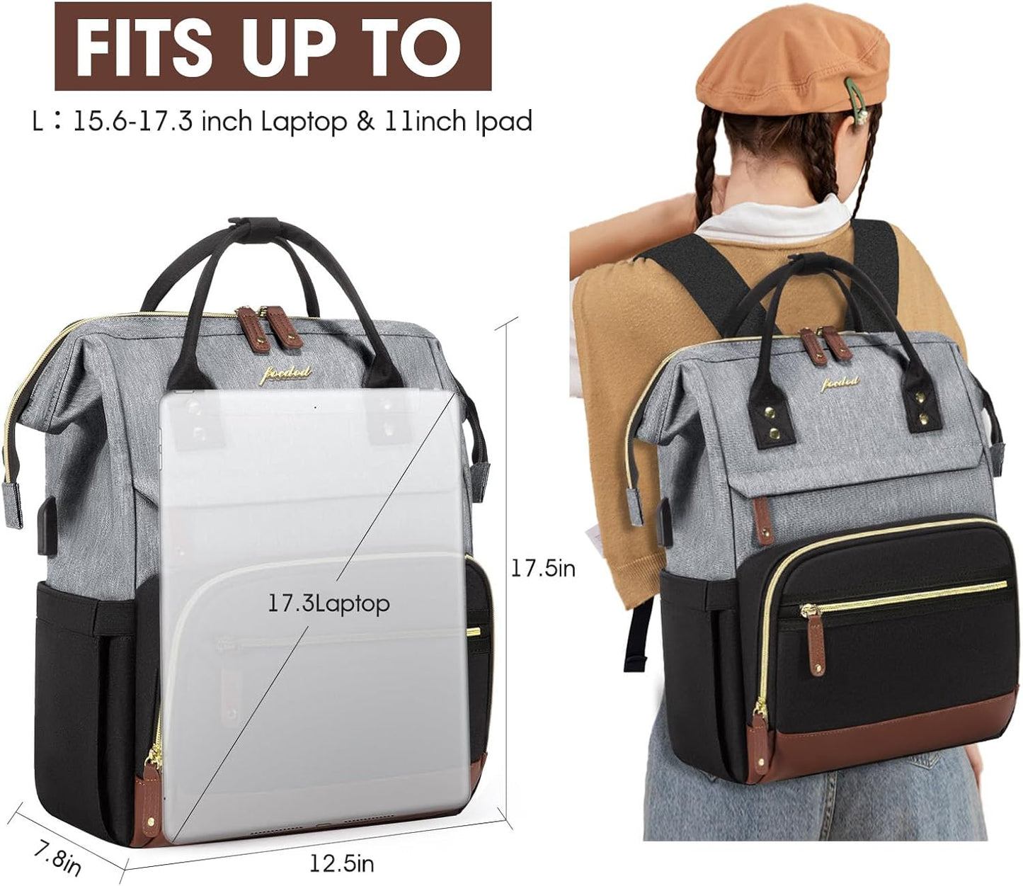 Women Laptop Backpack Work Bag: 17 inch Travel Computer Backpacks for Nurse Teacher Waterproof College Bookbag with USB Charger Anti-theft Casual Business Backpack Purse Black Grey Brown