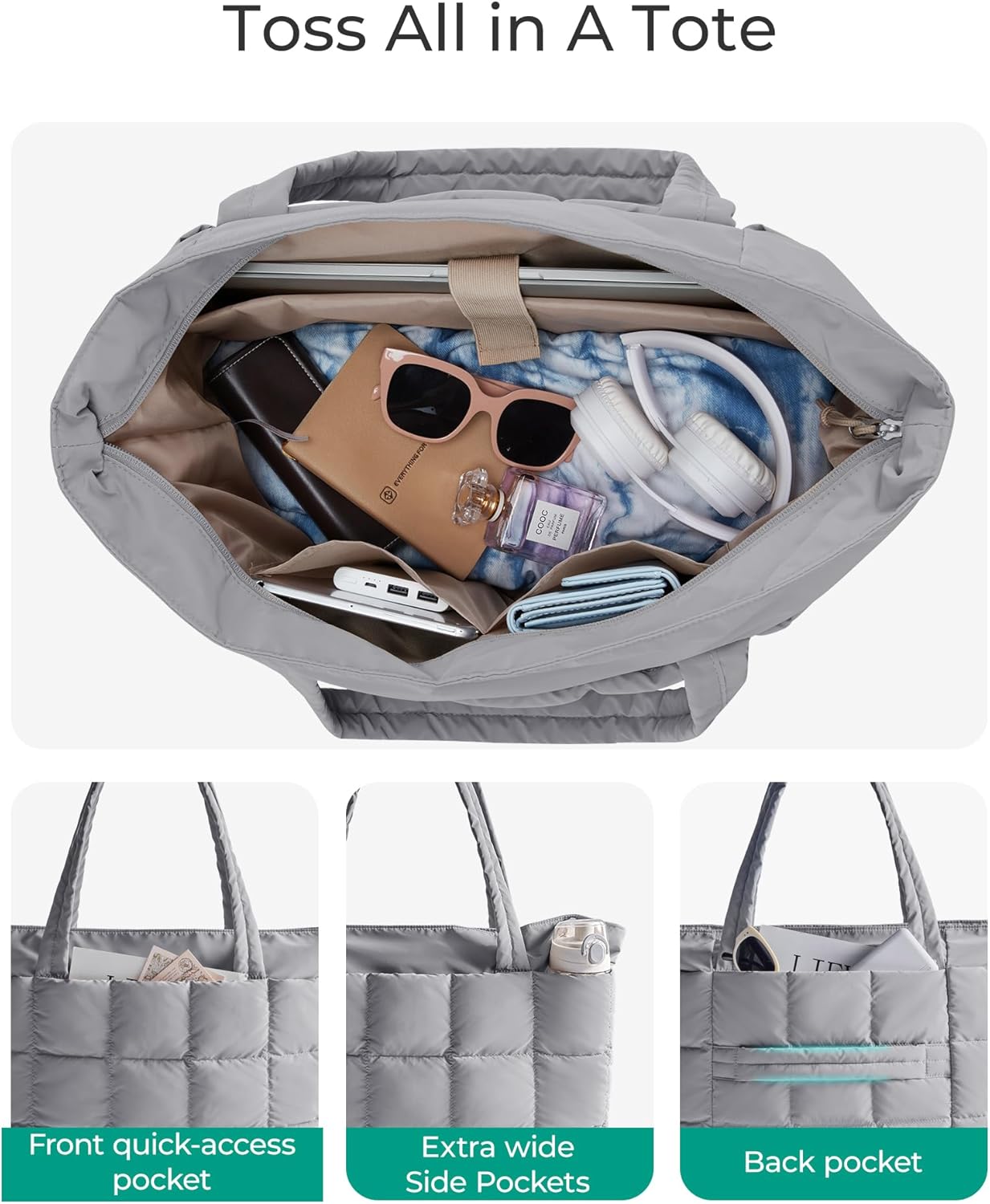 BAGSMART Expandable Tote Bag for Women, Puffer Work Tote Handbag, Quilted Carry-On Travel Gym Bag
