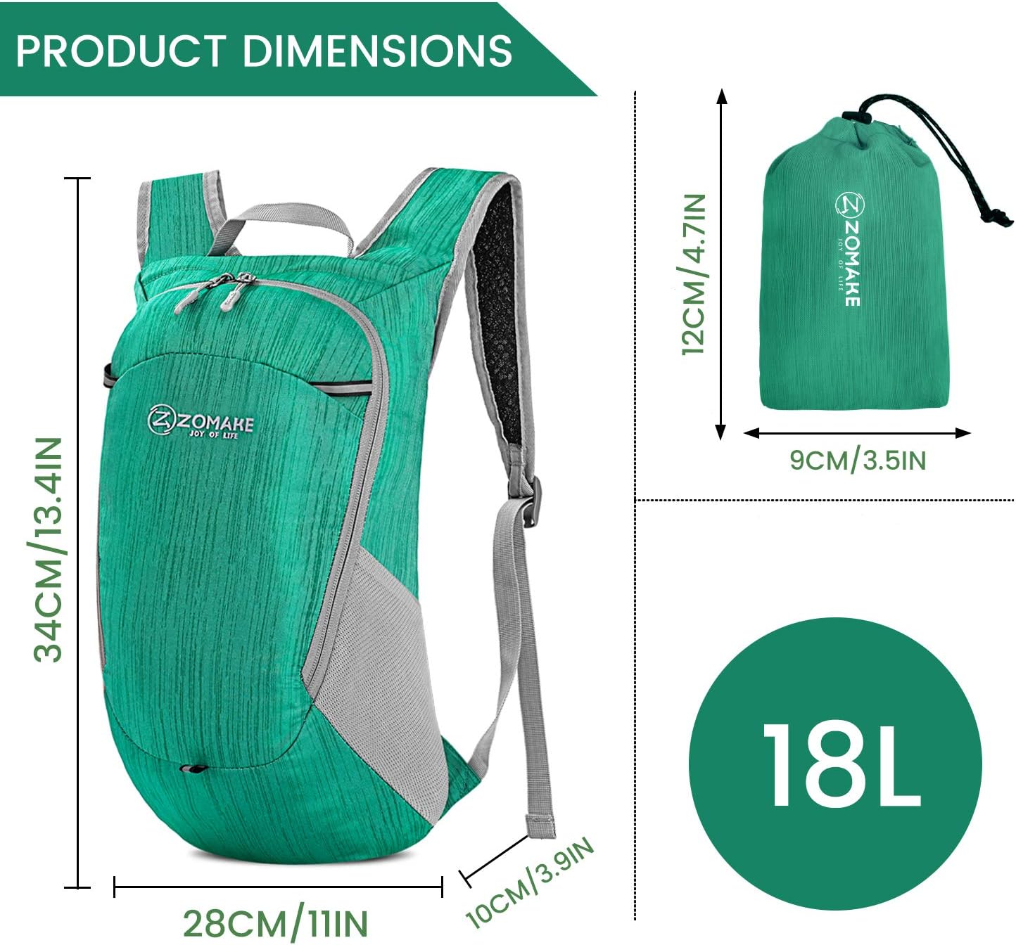 ZOMAKE Ultra Lightweight Packable Backpack 18L, Small Foldable Hiking Backpacks Water Resistant Folding Daypack for Travel(Dark Green)