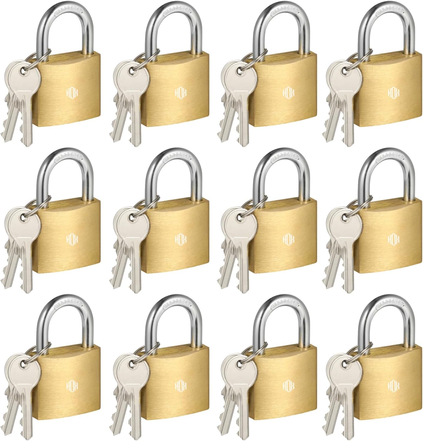 HOX 12-Pack Keyed Padlock, Waterproof and Rustproof, Solid Brass Lock with 1-1/4" Wide Body, Padlock with Keys for Storage Unit, Sheds, Garages and Fence