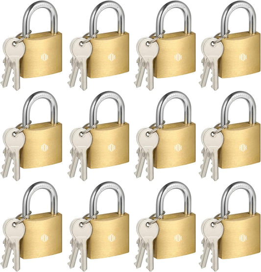 HOX 12-Pack Keyed Padlock, Waterproof and Rustproof, Solid Brass Lock with 1-1/4" Wide Body, Padlock with Keys for Storage Unit, Sheds, Garages and Fence