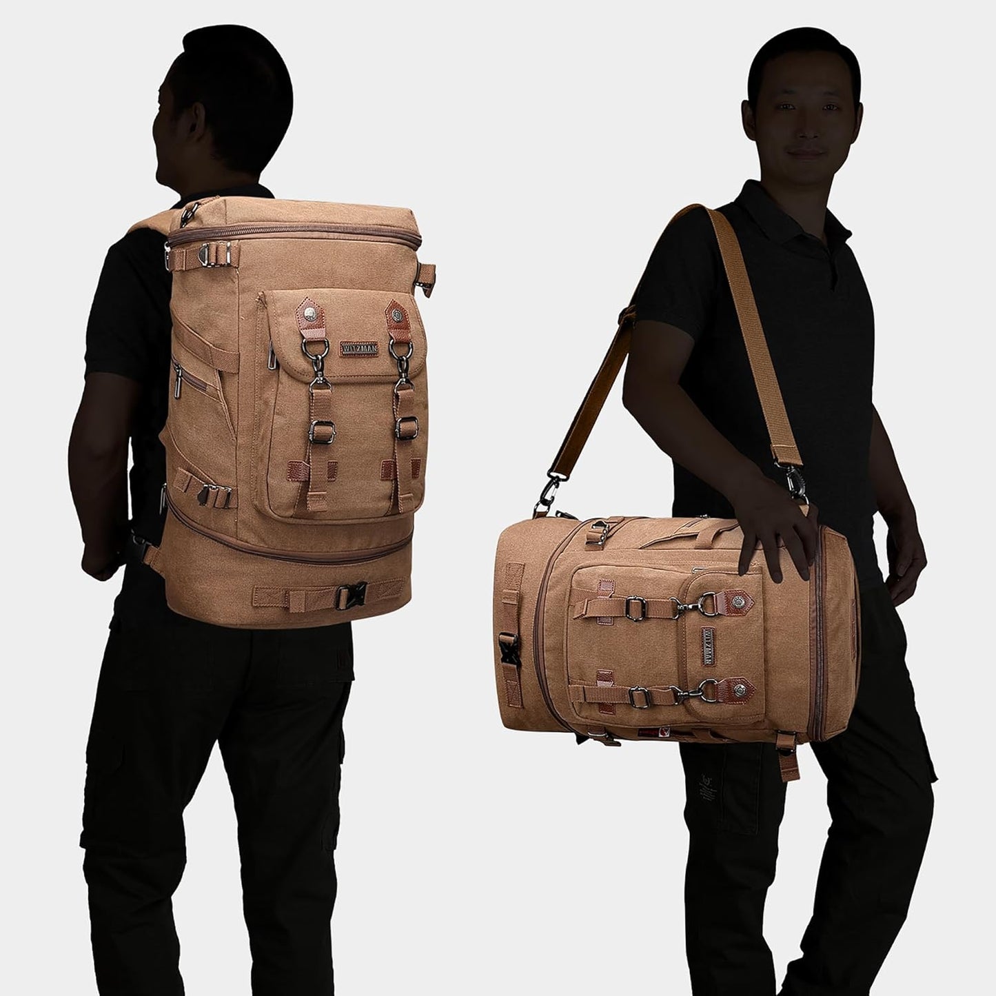WITZMAN Travel Backpack for Men Women Canvas Backpack Carry on Luggage Rucksack Convertible Duffel Bag Large (A568 Brown)