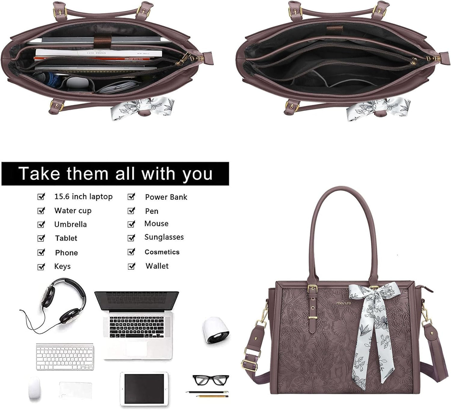 MOSISO Laptop Bag for Women, PU Leather Tote Bag, Front Embossed Retro Hibiscus Computer Bags with Silk Scarf&Clutch Purse