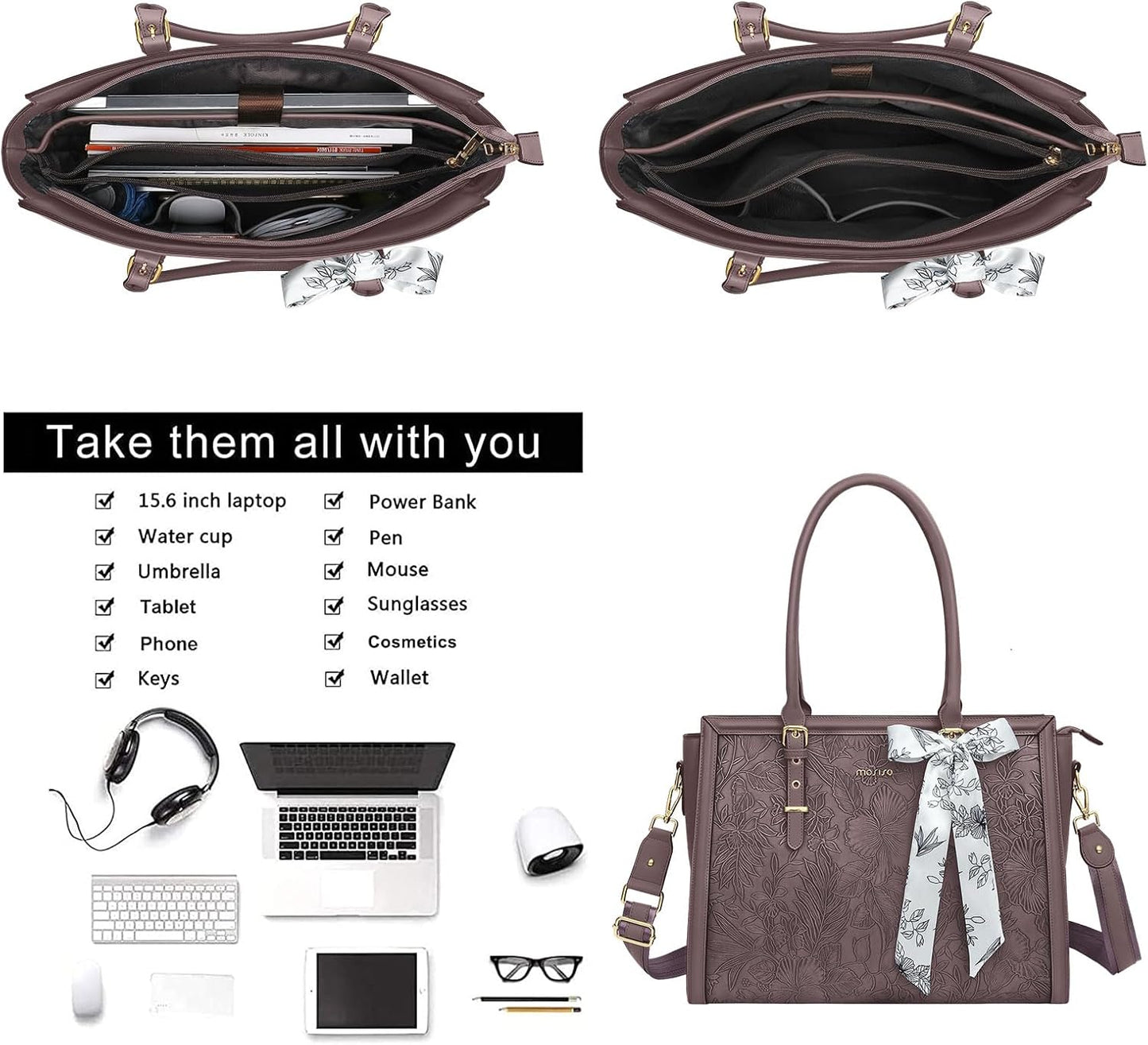 MOSISO Laptop Bag for Women, PU Leather Tote Bag, Front Embossed Retro Hibiscus Computer Bags with Silk Scarf&Clutch Purse