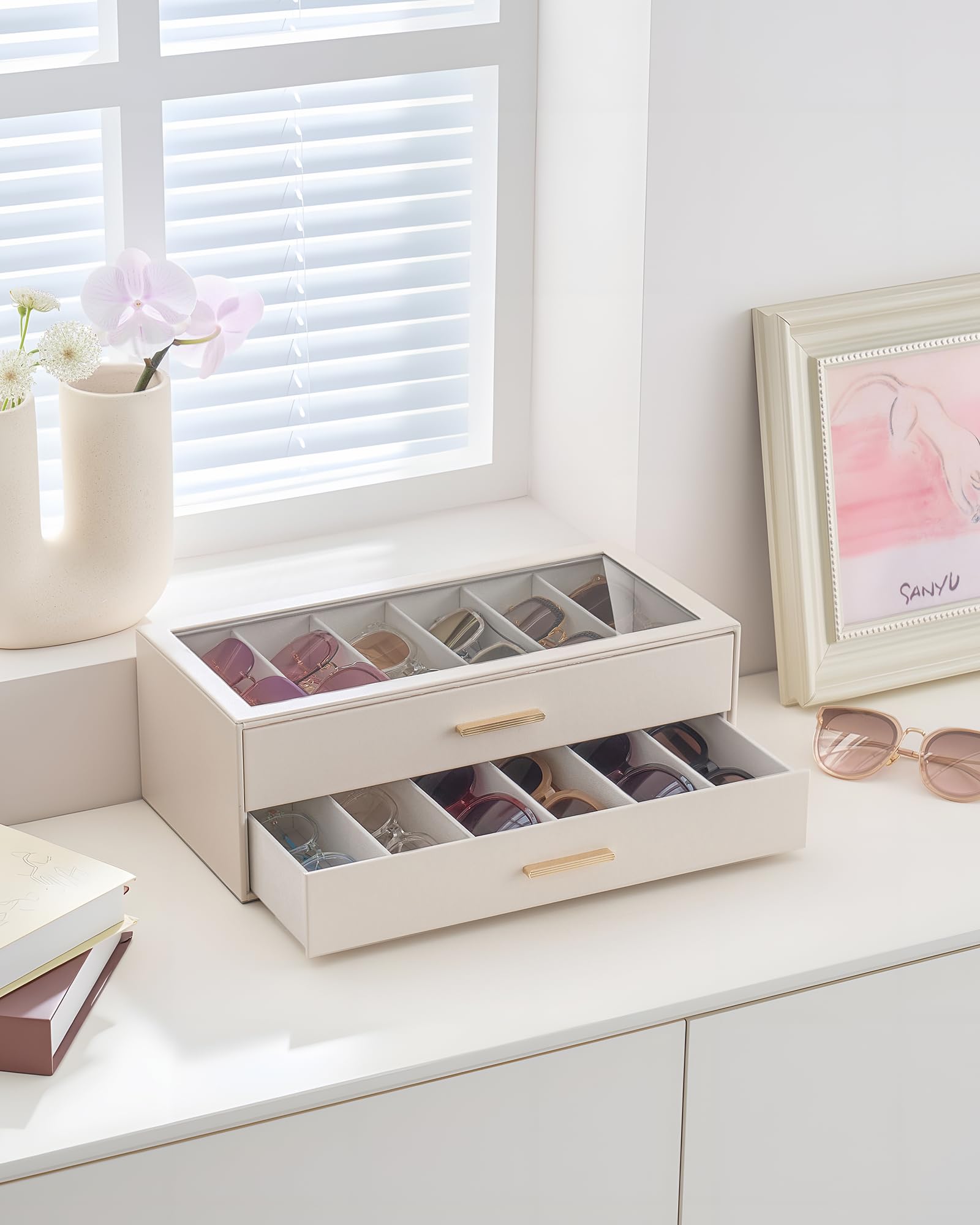 Lolalet 12 Slots 2-Layer Sunglasses Organizer for Women -Beige