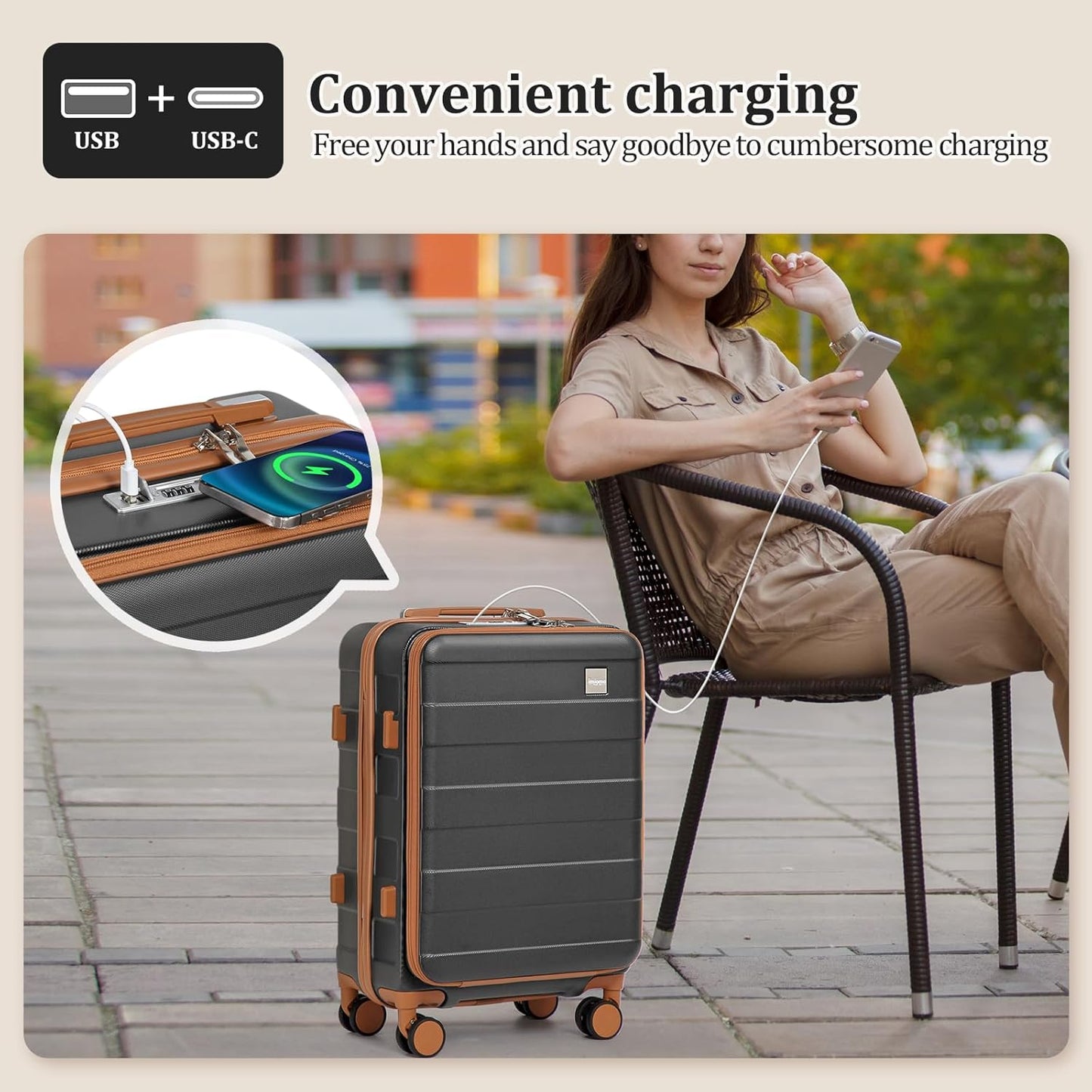 imiomo Carry on Luggage Airline Approved, Lightweight Hard Shell Carry-on Suitcase, 20 Inch Travel Luggage with Spinner Wheels and USB Port, Grey Brown