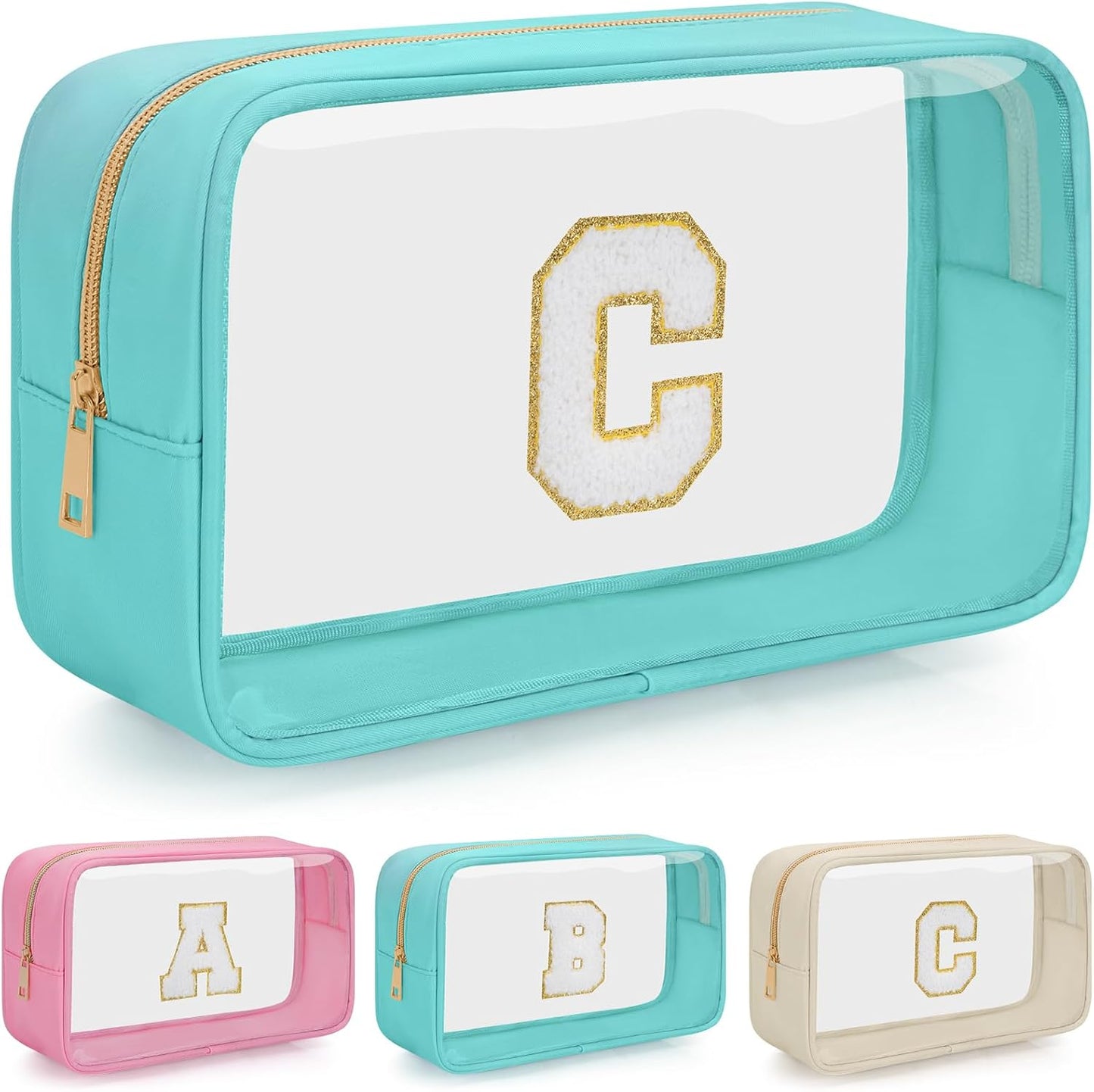 Personalized Initial Clear Makeup Bag, Travel Chenille Patch Cosmetic Bag, Preppy Toiletry Bag Monogram Cosmetic Pouch with Zipper, Ideal Gift for Teen Girls Women (Clear-Green, C)
