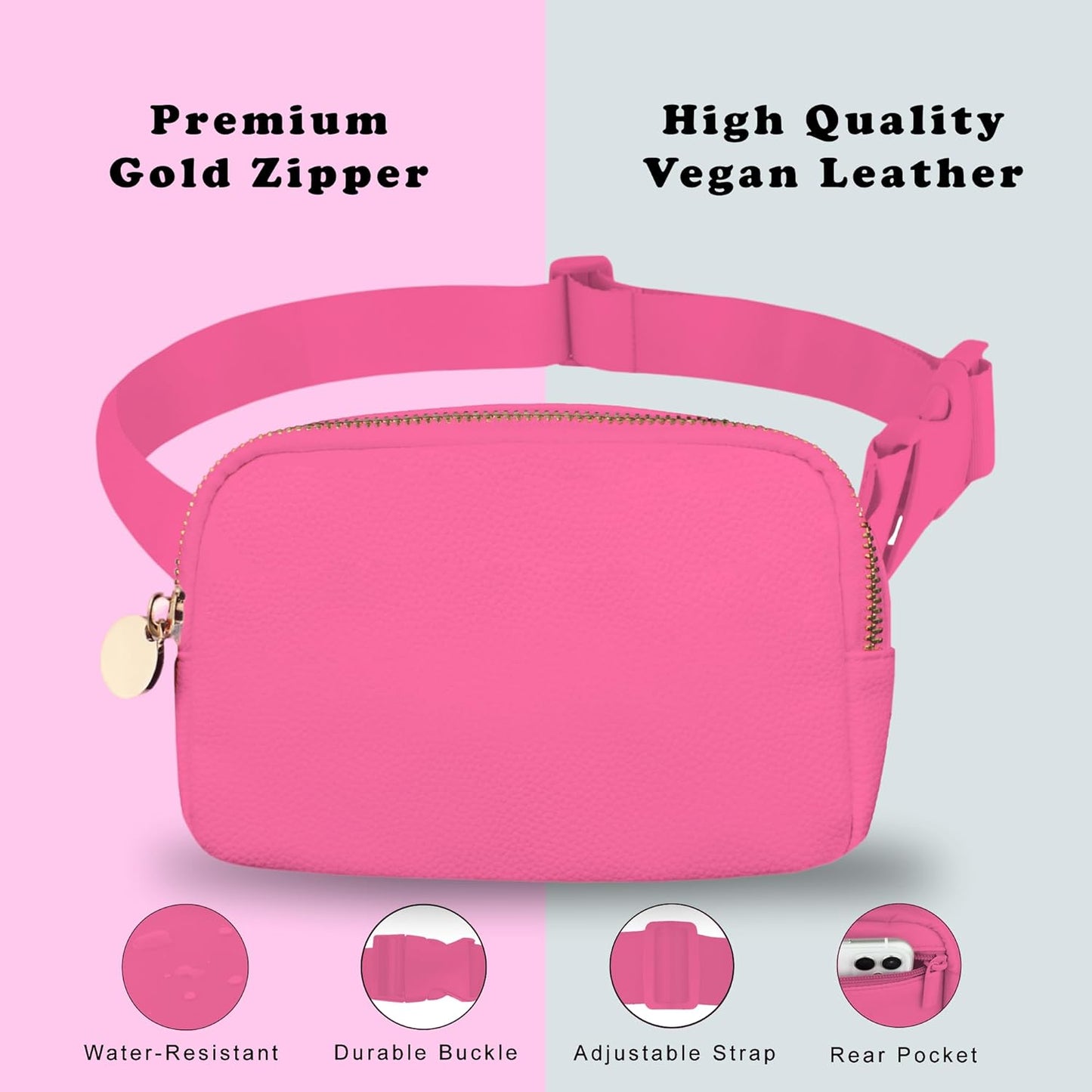 DANCOUR Leather Belt Bag for Women, Hot Pink Fanny Pack Crossbody, Stylish Waist Bag, Large Crossbody Belt Bag, Everywhere Bag for Travel & Daily Use, Trendy Leather Fanny Pack