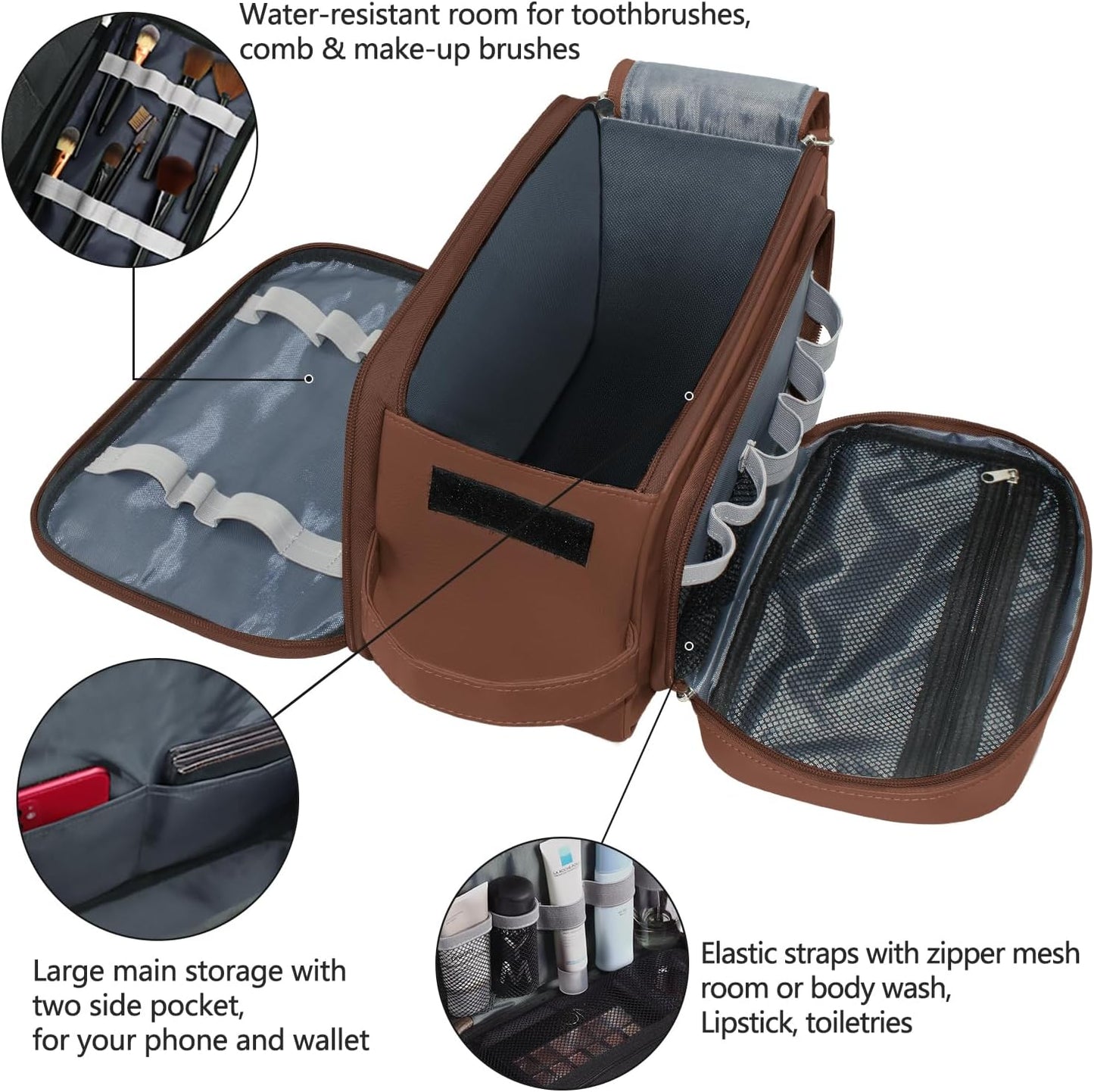Buruis Extra Large Toiletry Bag for Men, Travel Toiletry Organizer Dopp Kit Water-resistant Shaving Bags, PU Leather Cosmetic Bathroom Shower Bag for Toiletries, Grooming, Accessories (Brown)