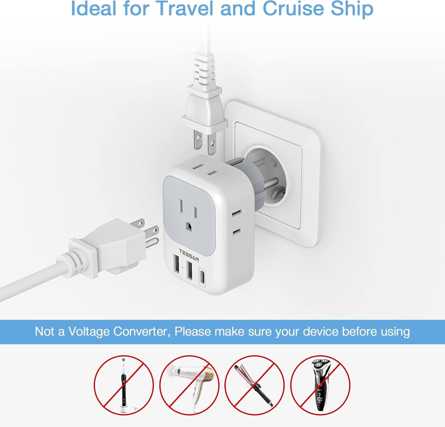 TESSAN Type E F Plug Adapter, Germany France Power Adapter with 3 USB Ports(1 USB C), 4 AC Outlets Travel Adaptor for US to Europe EU Spain Iceland Korea Greece Russia German French
