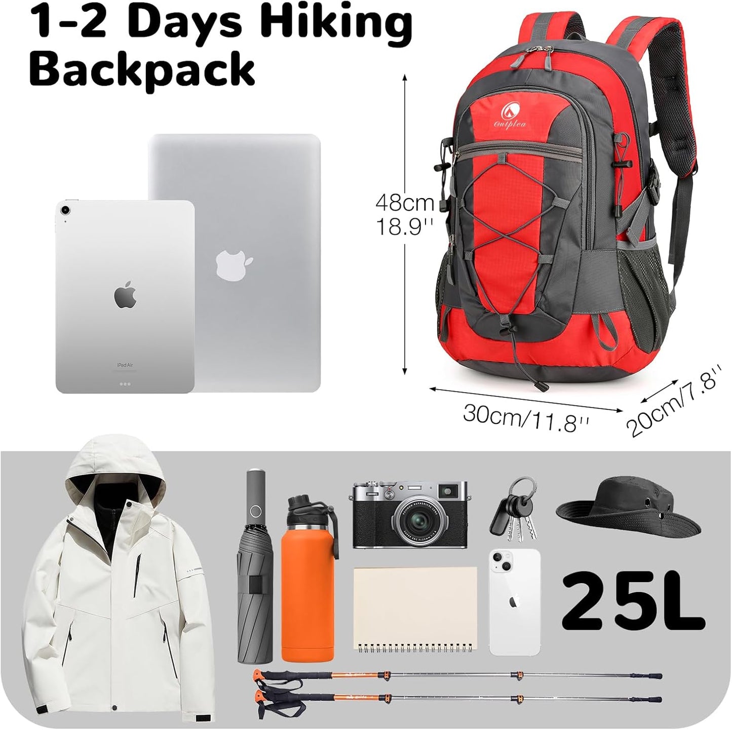 25L Small Waterproof Hiking Backpack Day Pack for Men Women, Lightweight Travel Backpack with Padded Straps, Red