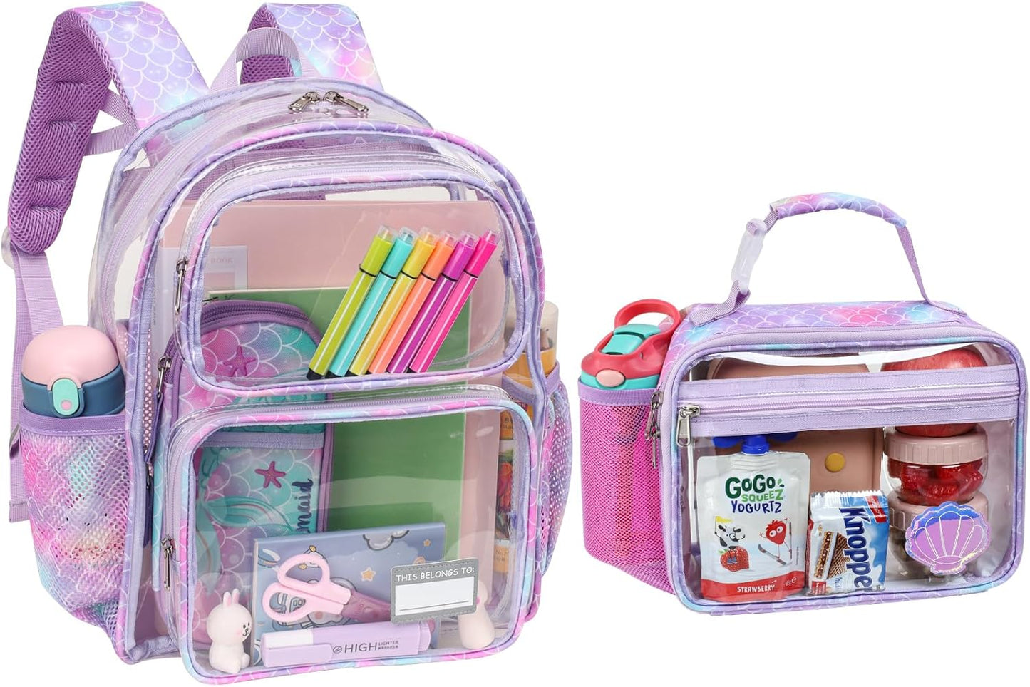 Bagseri 2pcs Clear Backpack for Girls - 15 Inch Backpack with Clear Lunch Bag, Heavy Duty Transparent Bookbag for School, See Through Bag for Kids Aged 3 to 8, Purple Mermaid