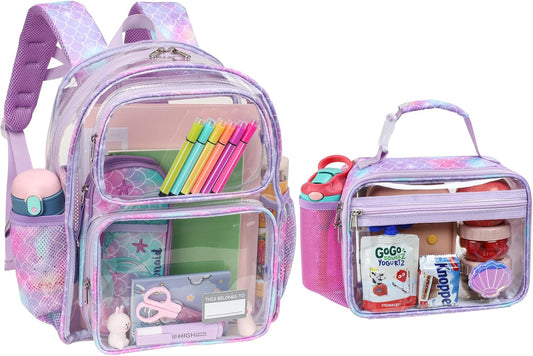 Bagseri 2pcs Clear Backpack for Girls - 15 Inch Backpack with Clear Lunch Bag, Heavy Duty Transparent Bookbag for School, See Through Bag for Kids Aged 3 to 8, Purple Mermaid