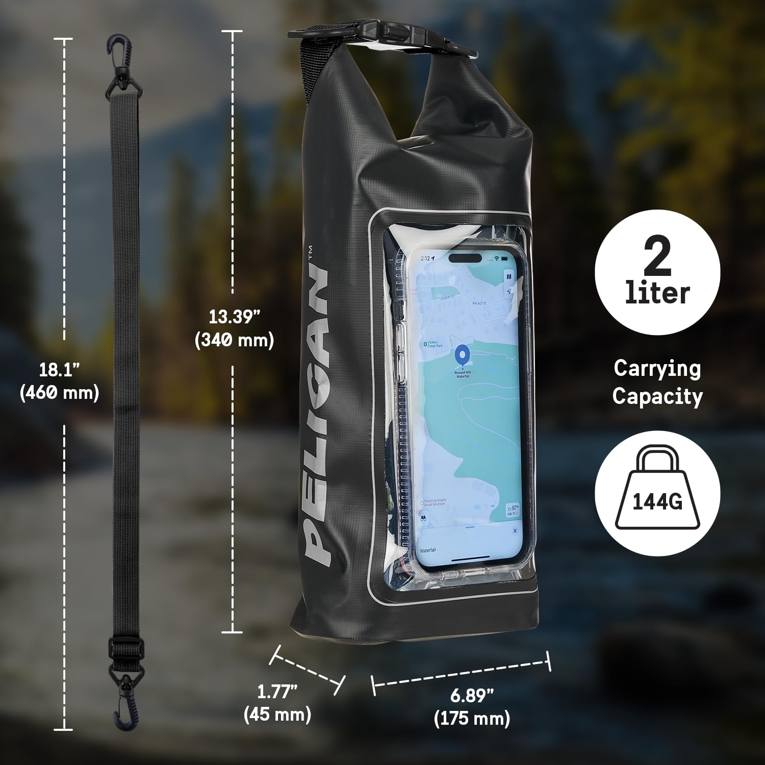 Pelican Marine IP68 Waterproof Dry Bag 2L with Phone Pouch/Case - Black