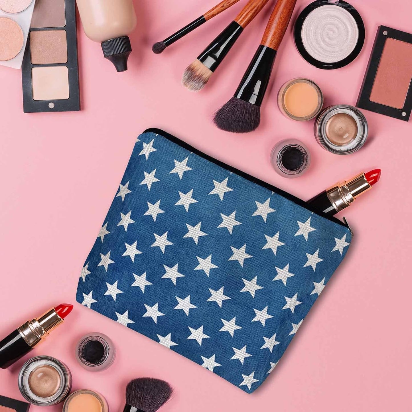 Makeup Bag USA Flag Stars Makeup Bags For Purse Pouch, Vintage American Flag Stars Navy Blue Travel Toiletry Bag Cosmetic Bag Makeup Bags Flax Makeup Organizer Bag Pencil Pouch For Man Woman