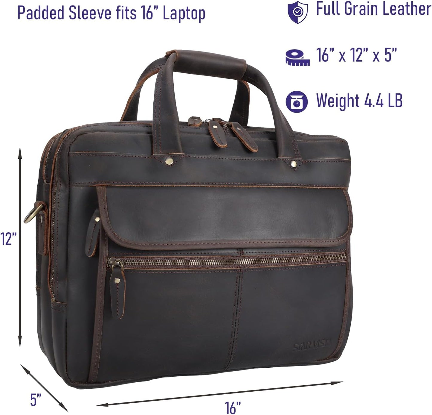 STAR VISTA Scala Pro 16-18" Messenger Bag, Full Grain Leather Briefcase, Triple Compartments, YKK Zippers, Multiple Colors